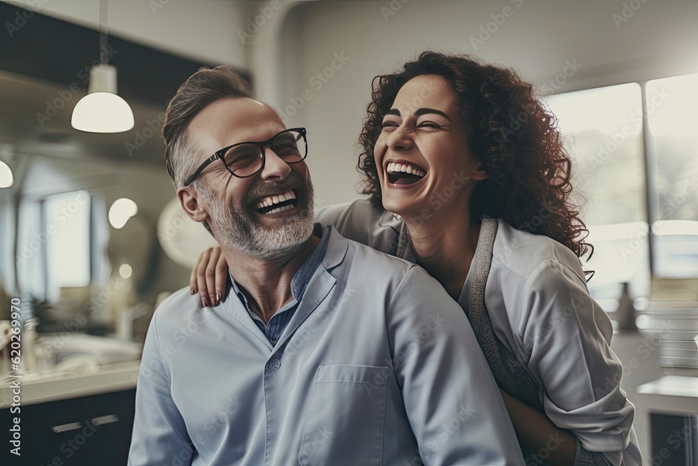 Doctor is having fun with his colleague at the hospital. Generative ai