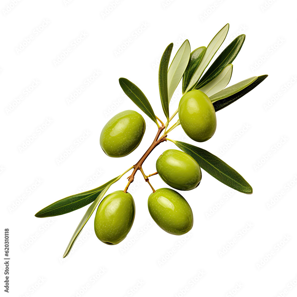 Olive twig with several green olives on it. Illustration AI Generative.