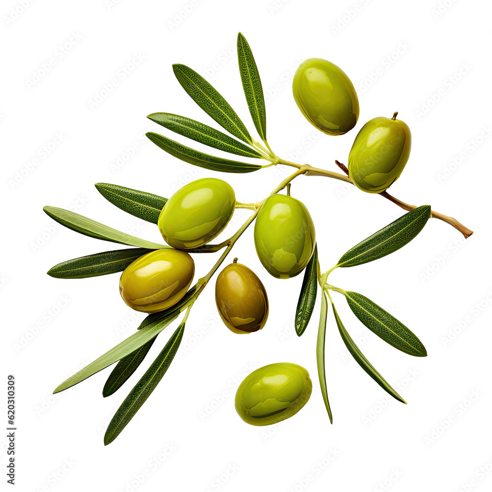 Olive twig with several green olives on it. Illustration AI Generative.