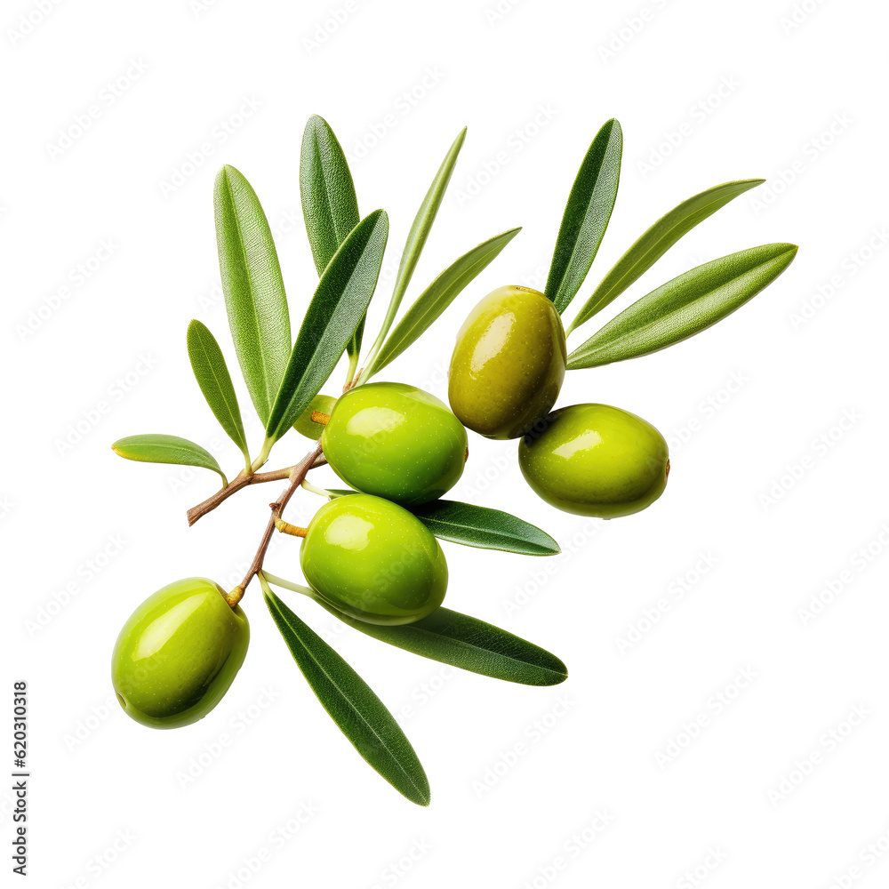 Olive twig with several green olives on it. Illustration AI Generative.