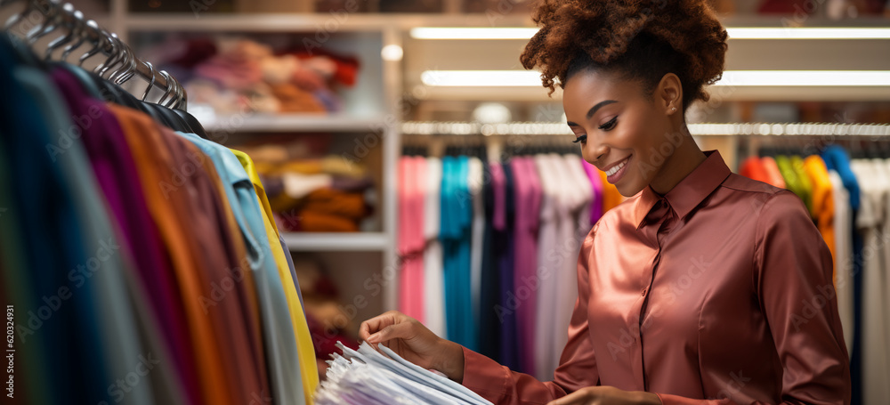 Young adult afro woman shopping in a boutique or clothing store.  Image generative AI.