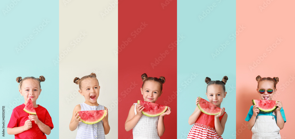 Collage of cute little girl with slices of fresh watermelon on color background