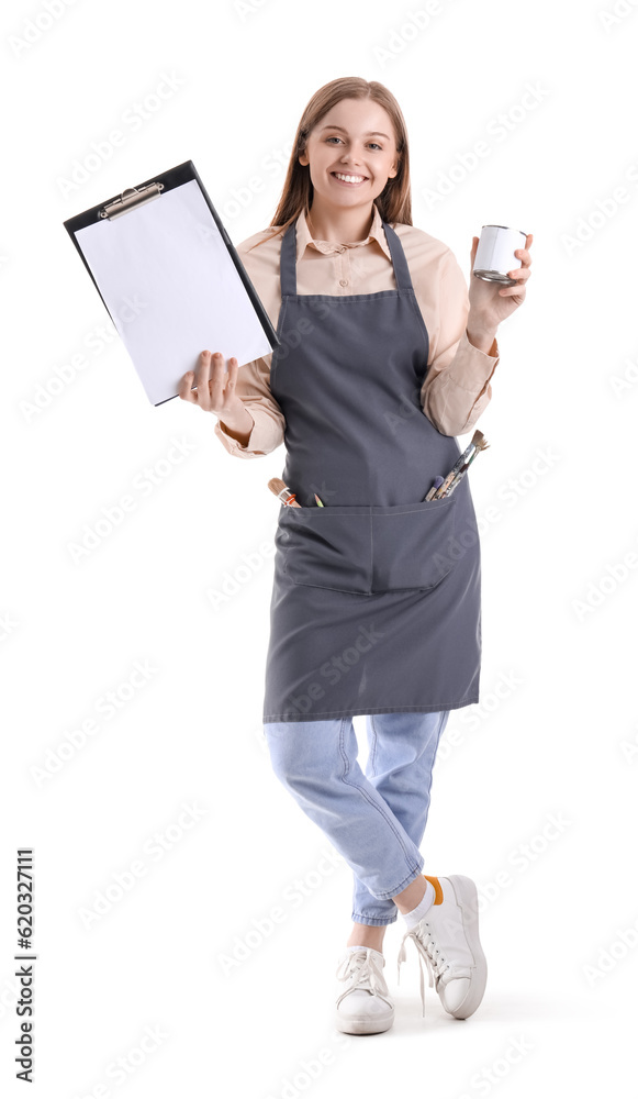 Drawing teacher with clipboard and can of paint on white background