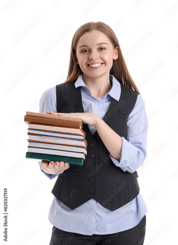 Drawing teacher with books on white background