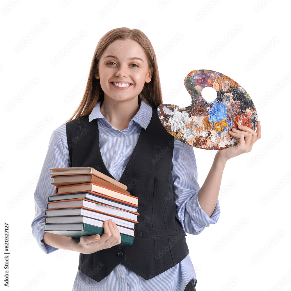 Drawing teacher with paint palette and books on white background