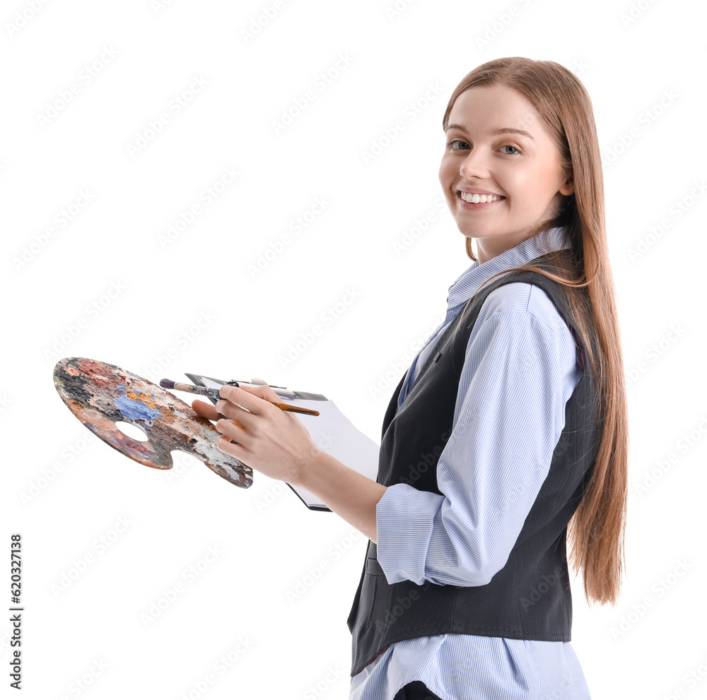 Drawing teacher with brush, palette and clipboard on white background