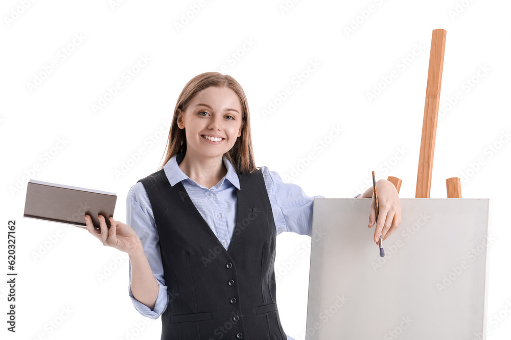 Drawing teacher with book, brush and easel on white background