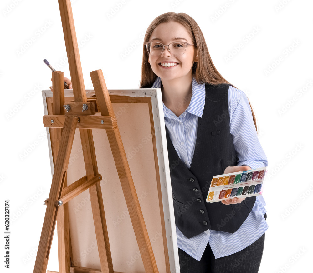 Drawing teacher with brush, paints and easel on white background