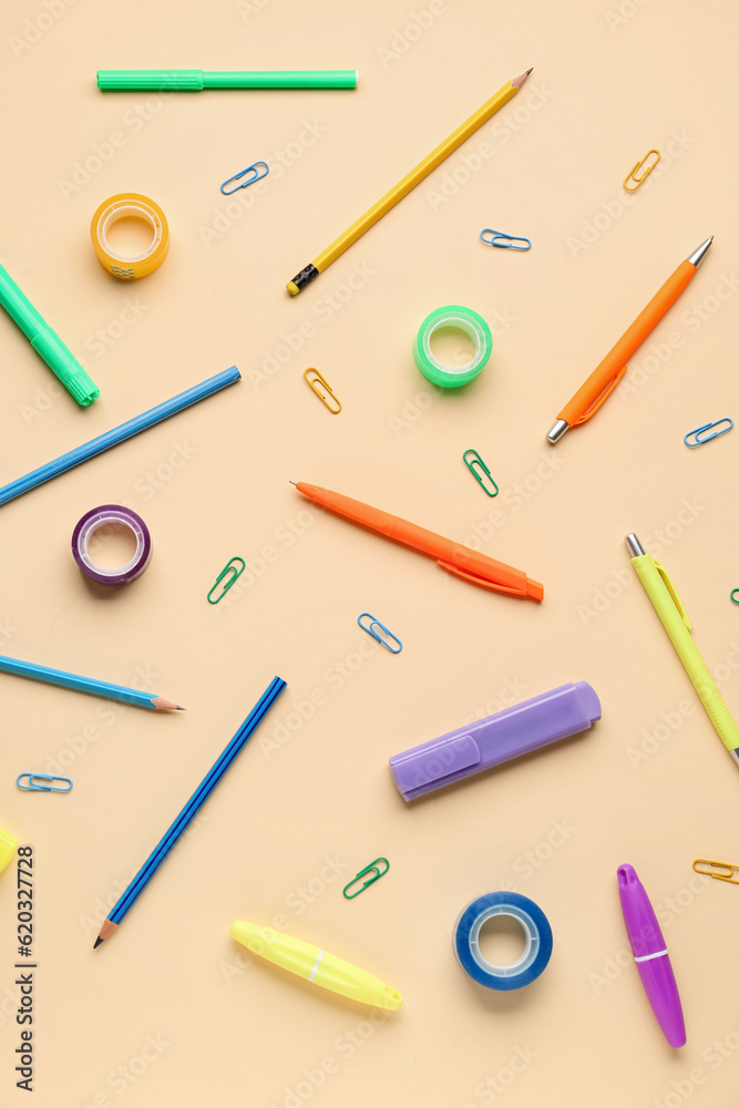 Composition with different stationery on color background