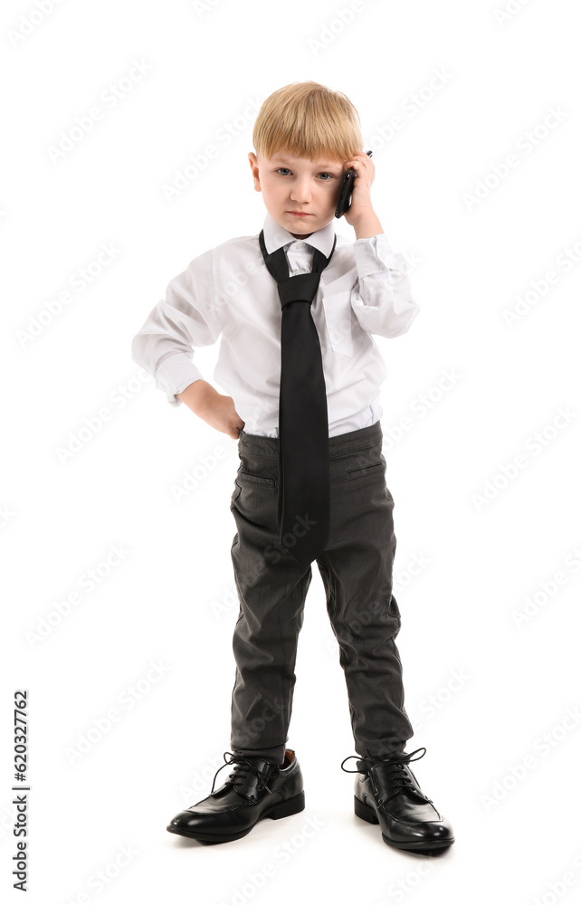 Funny little businessman talking by mobile phone on white background