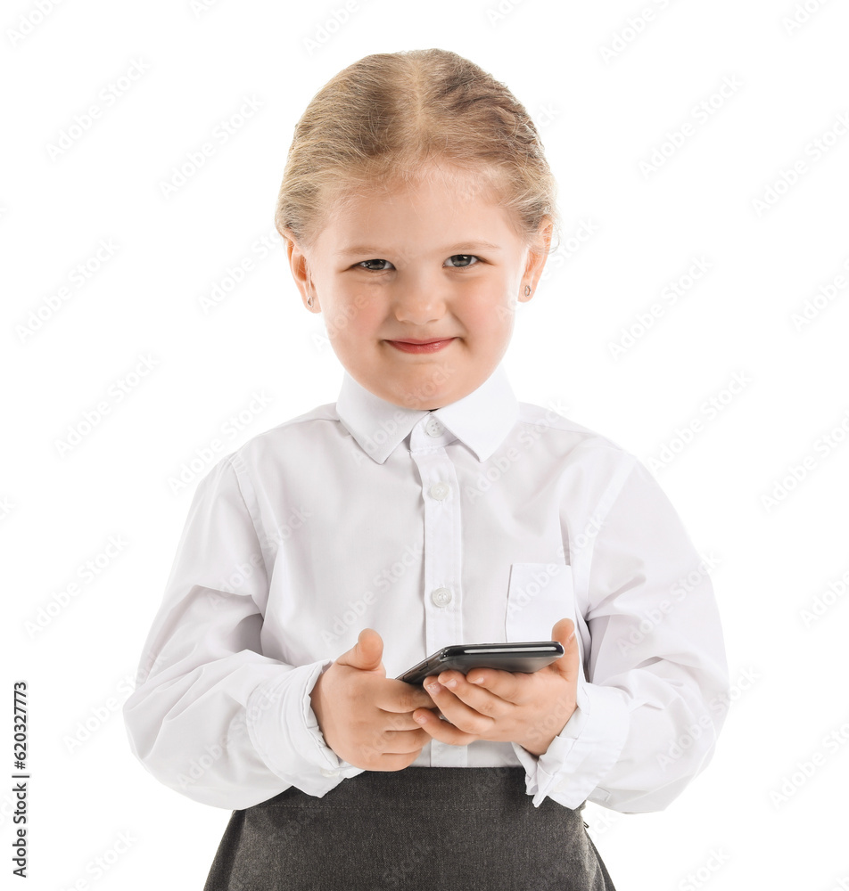 Funny little businesswoman using mobile phone on white background