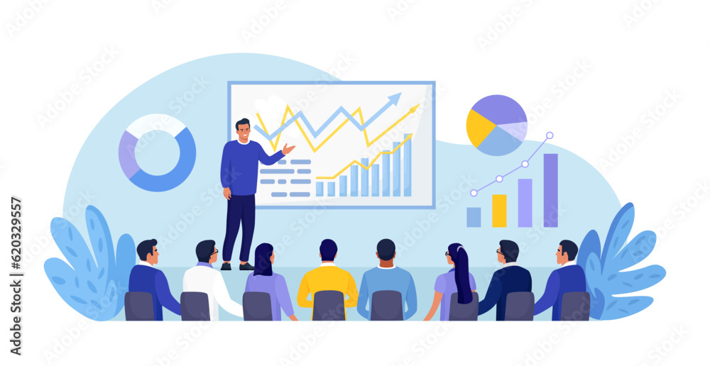 Business Training, Coaching and Education. Mentor Presenting Charts, Diagrams and Reports before Aud