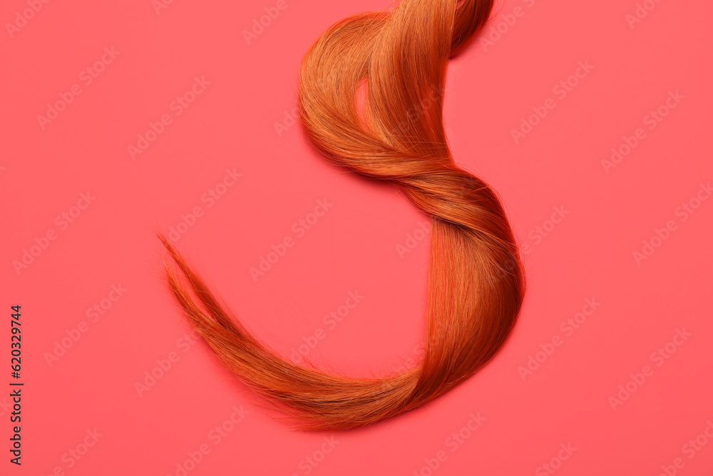 Ginger hair strand on red background, closeup