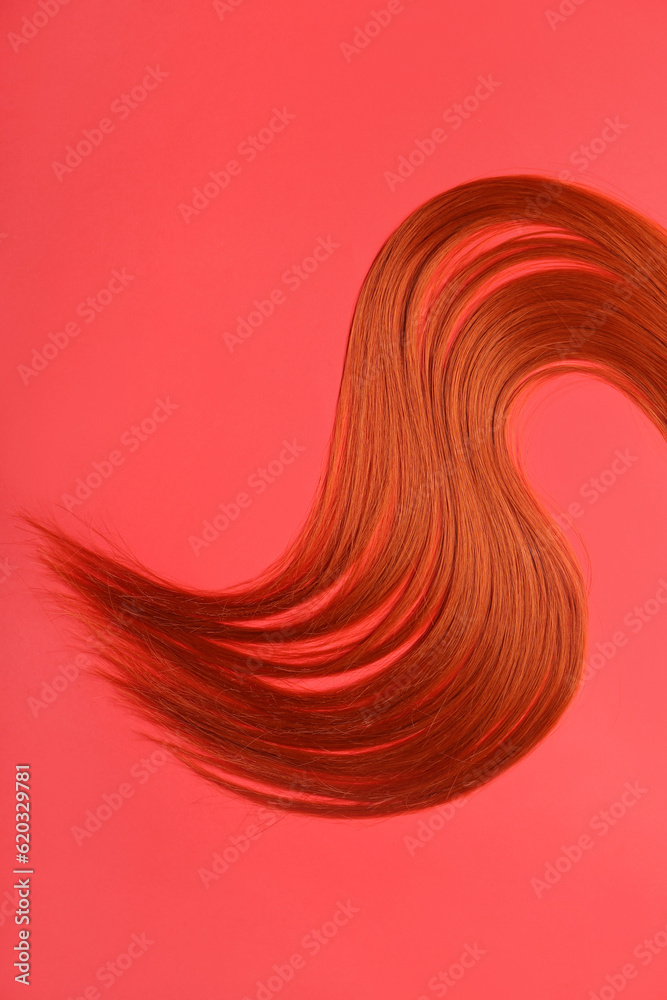 Ginger hair strand on red background, closeup