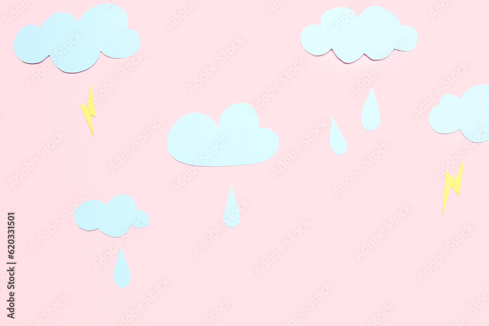 Paper clouds with rain drops and lightnings on pink background. Weather forecast concept