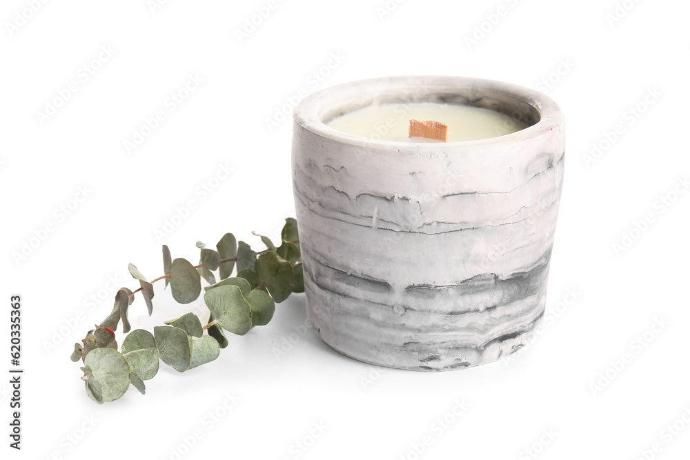 Holder with candle and eucalyptus on white background