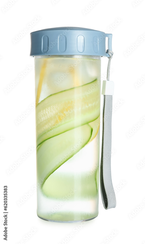 Sports bottle of lemonade with cucumber on white background