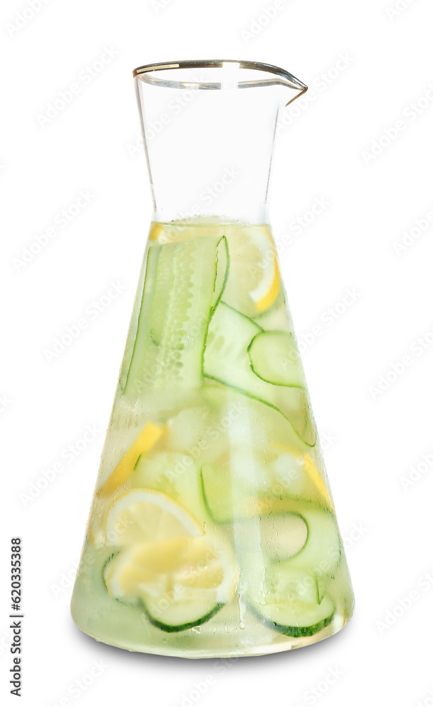 Jug of lemonade with cucumber on white background