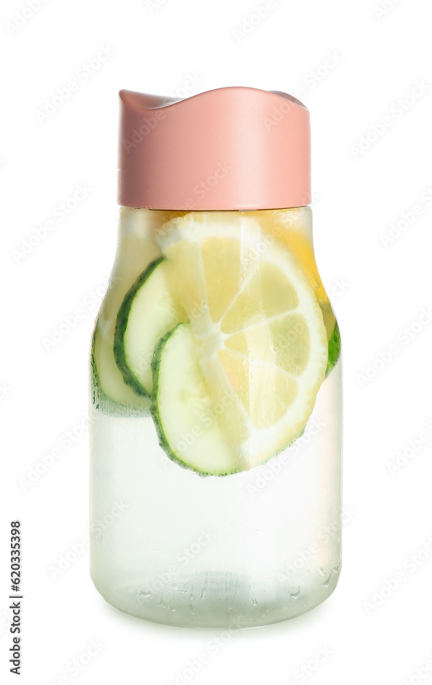 Sports bottle of lemonade with cucumber on white background