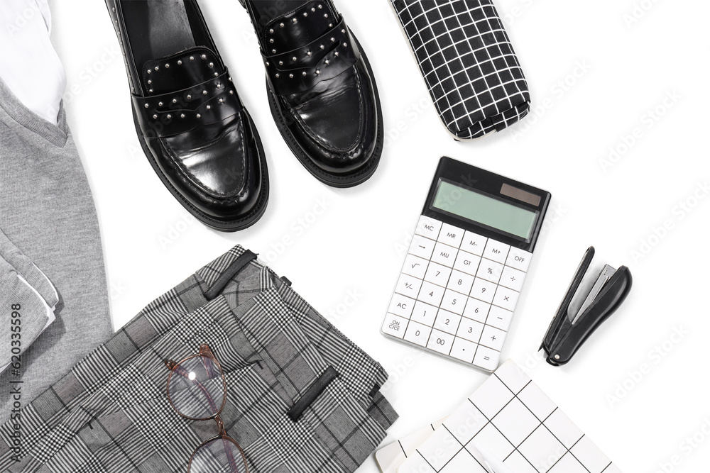 Composition with stylish school uniform, shoes and stationery on white background, closeup