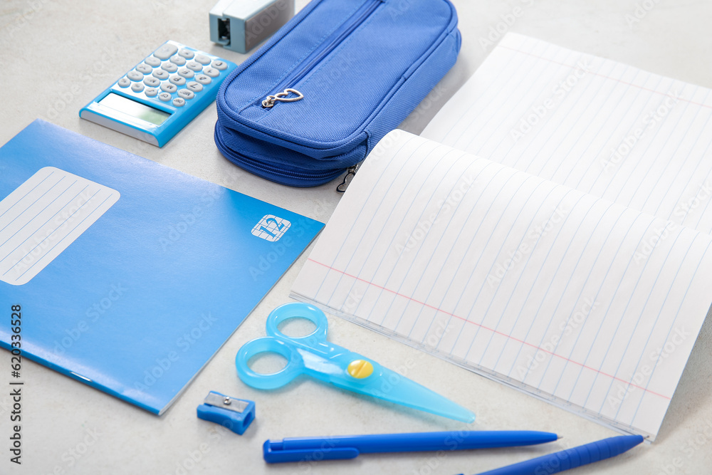 Notebooks with different stationery on white background