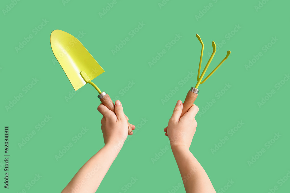 Gardener with rake and shovel on green background