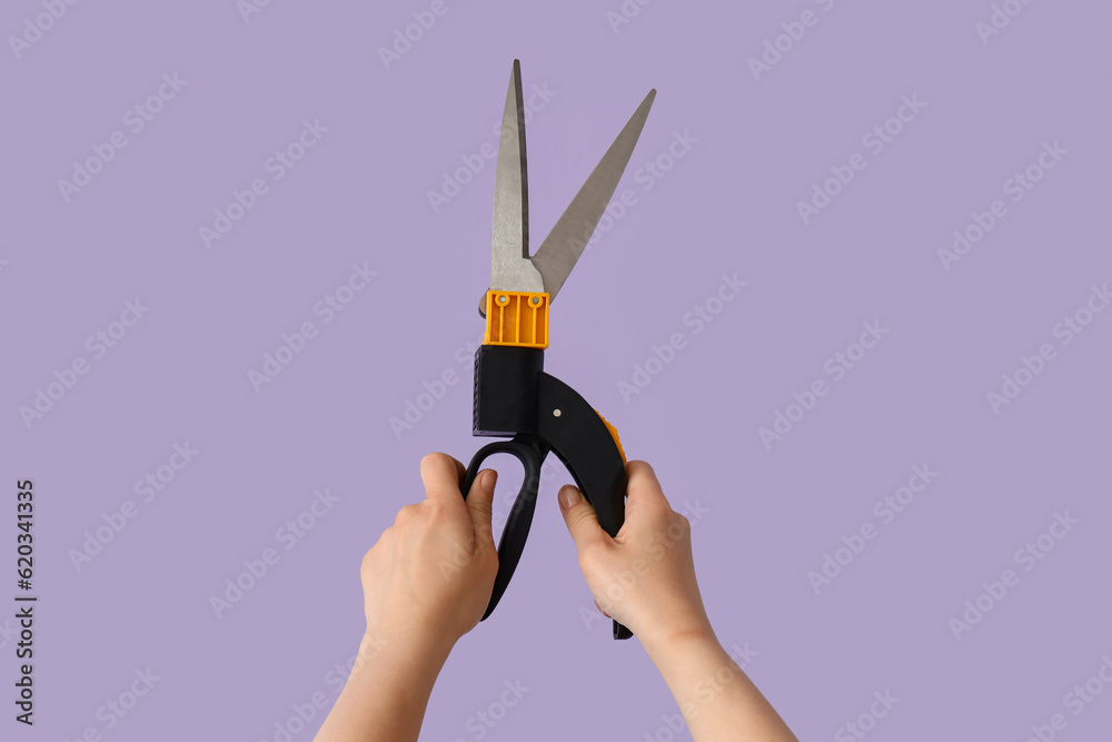 Gardener with secateurs on lilac background