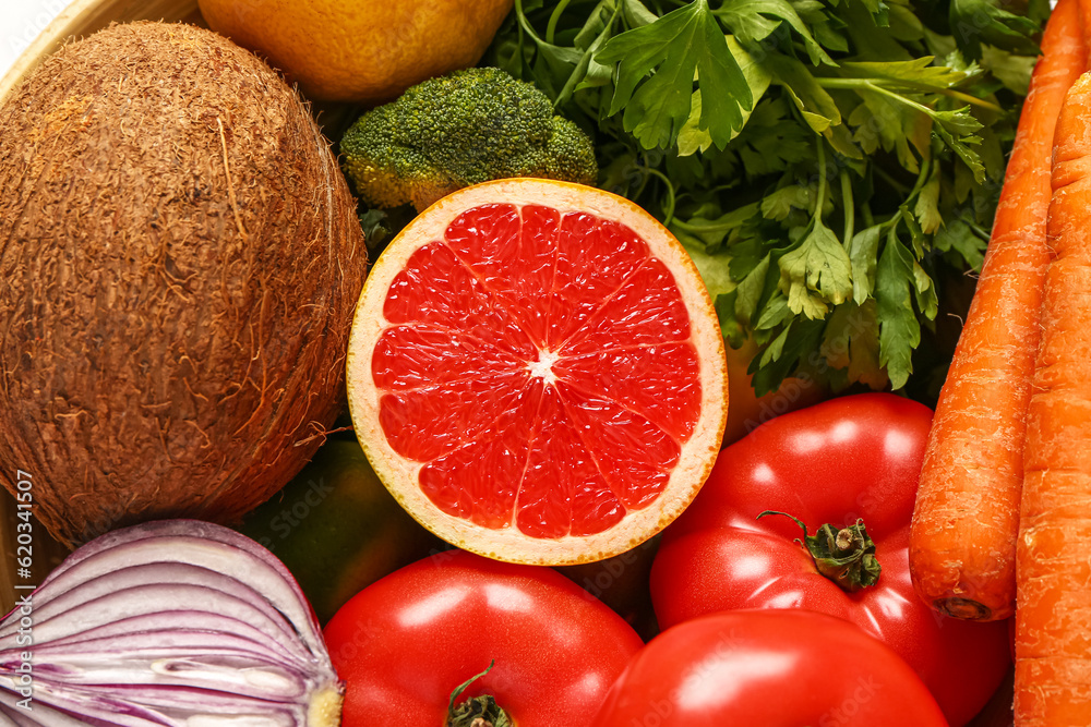 Texture of different fresh fruits and vegetables, closeup