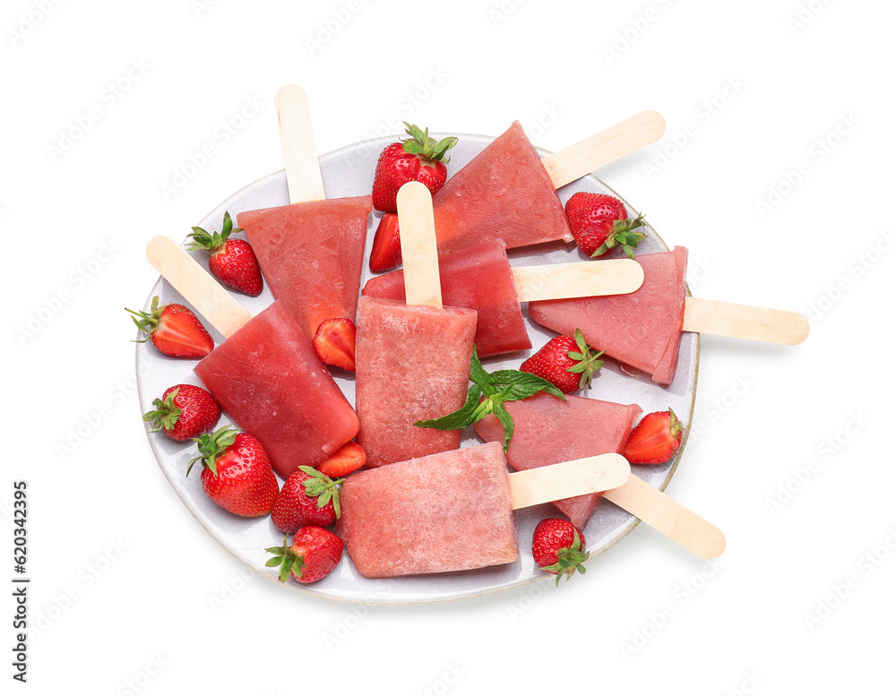 Plate with sweet strawberry ice-cream popsicles on white background