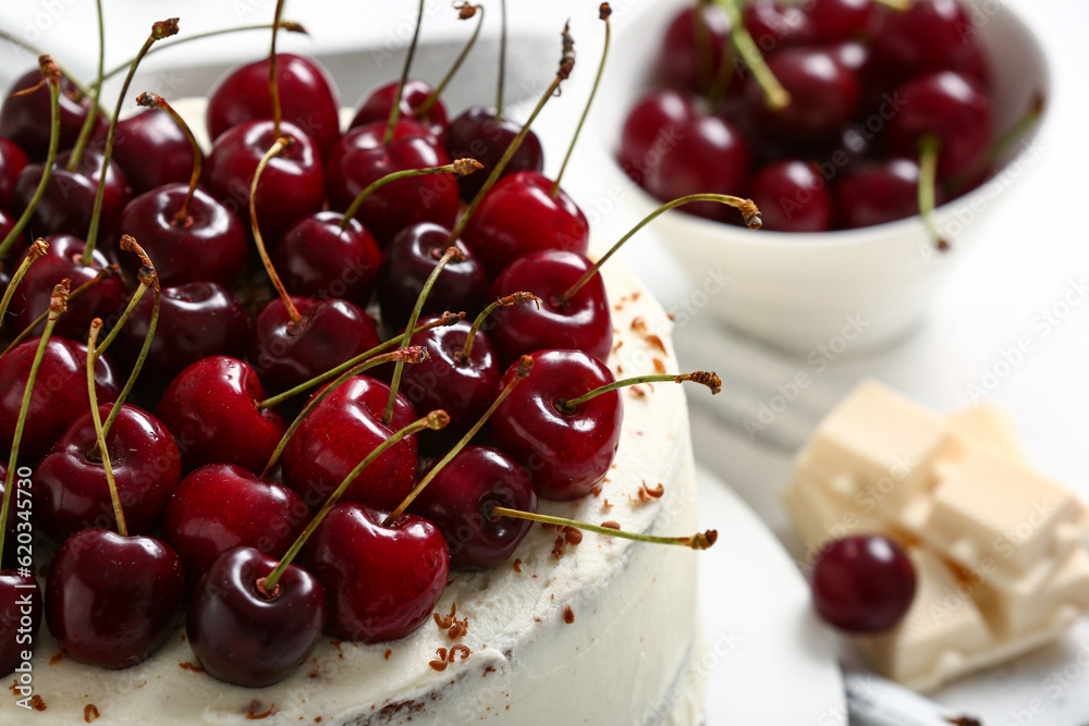 Tasty cherry cake on table, closeup