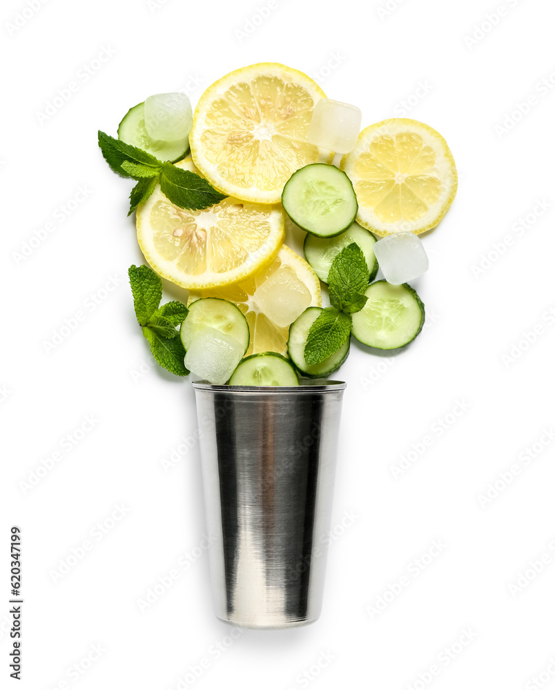 Jigger with mojito ingredients on white background