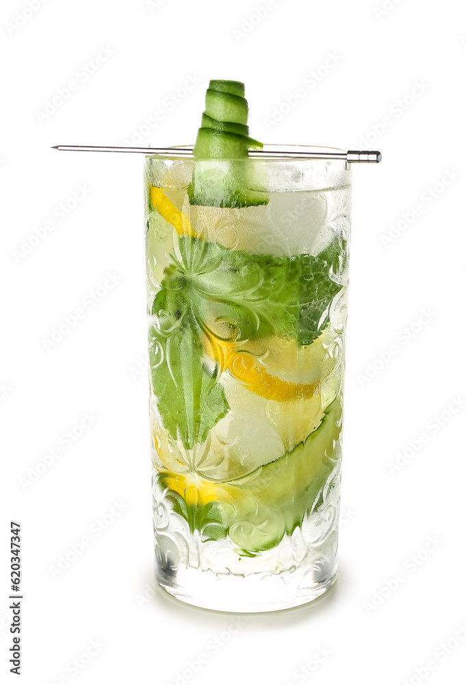 Glass of mojito with cucumber, lemon and mint on white background