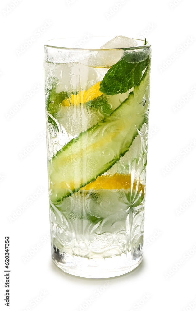 Glass of mojito with cucumber, lemon and mint on white background