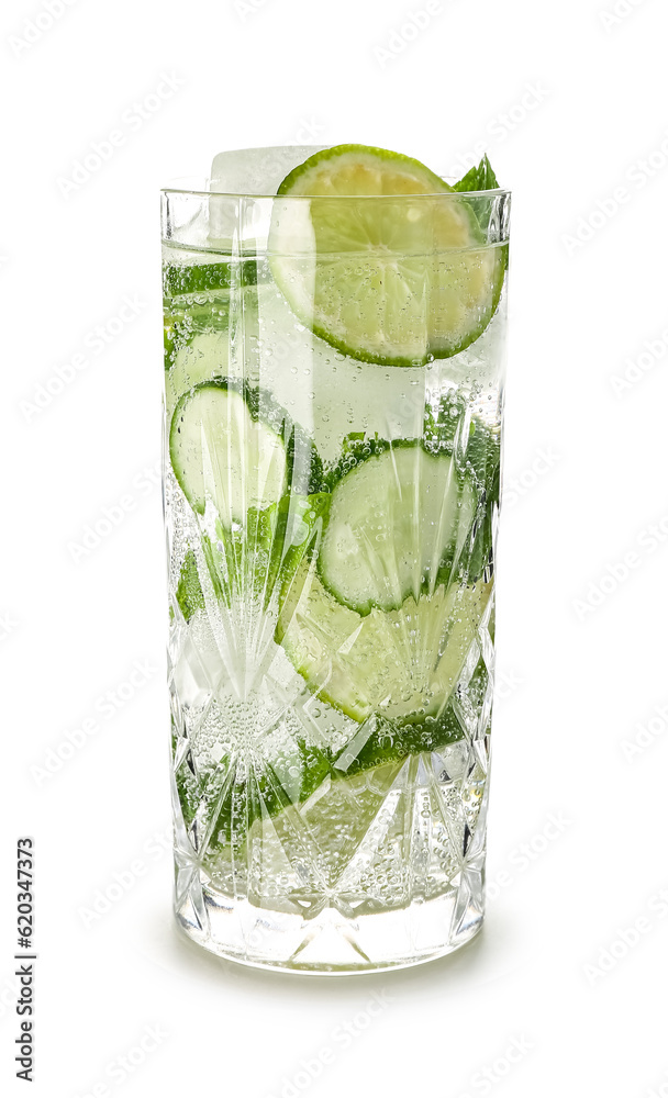 Glass of mojito with cucumber, lime and ice on white background