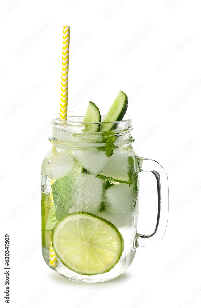 Mojito cocktail with lime, cucumber and mint isolated on white background