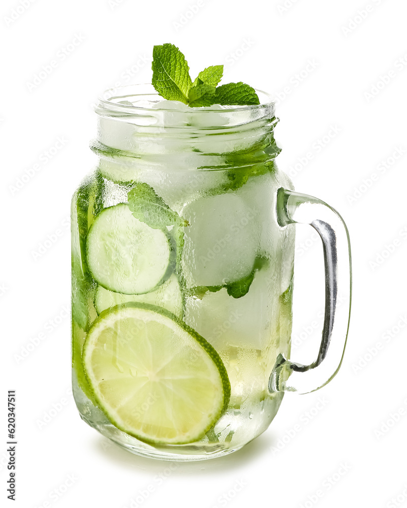 Mojito cocktail with lime, cucumber and mint isolated on white background