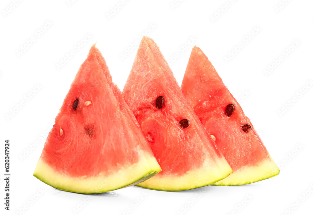 Pieces of fresh watermelon on white background