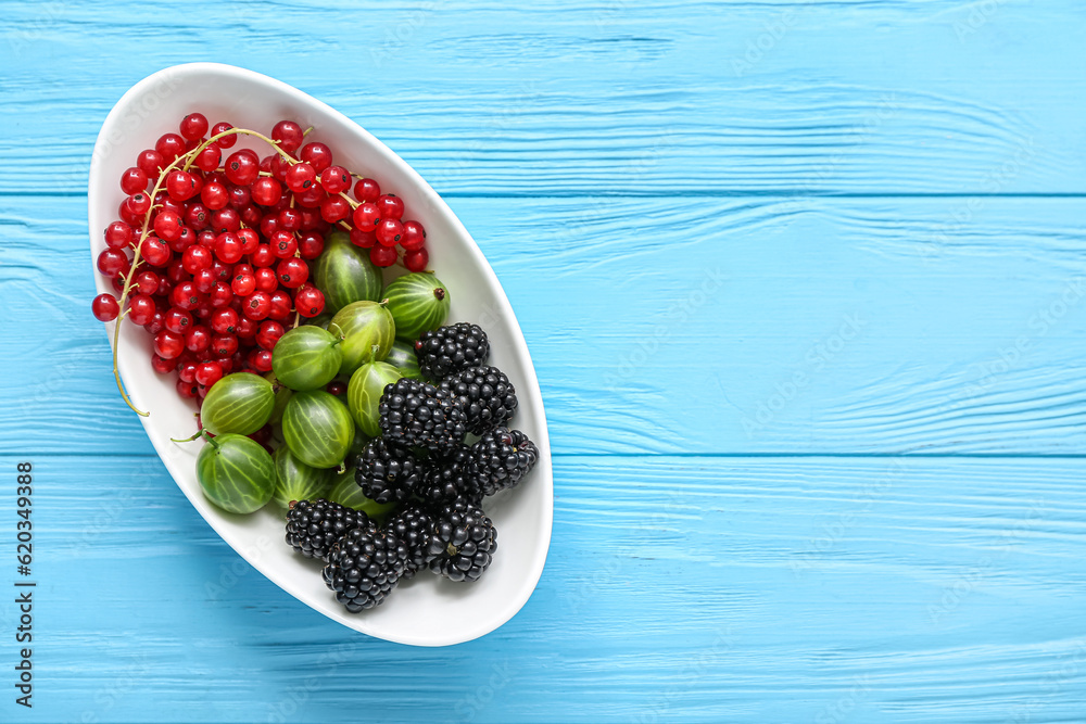 Bowl with fresh blackberry, gooseberry and currant on blue wooden background