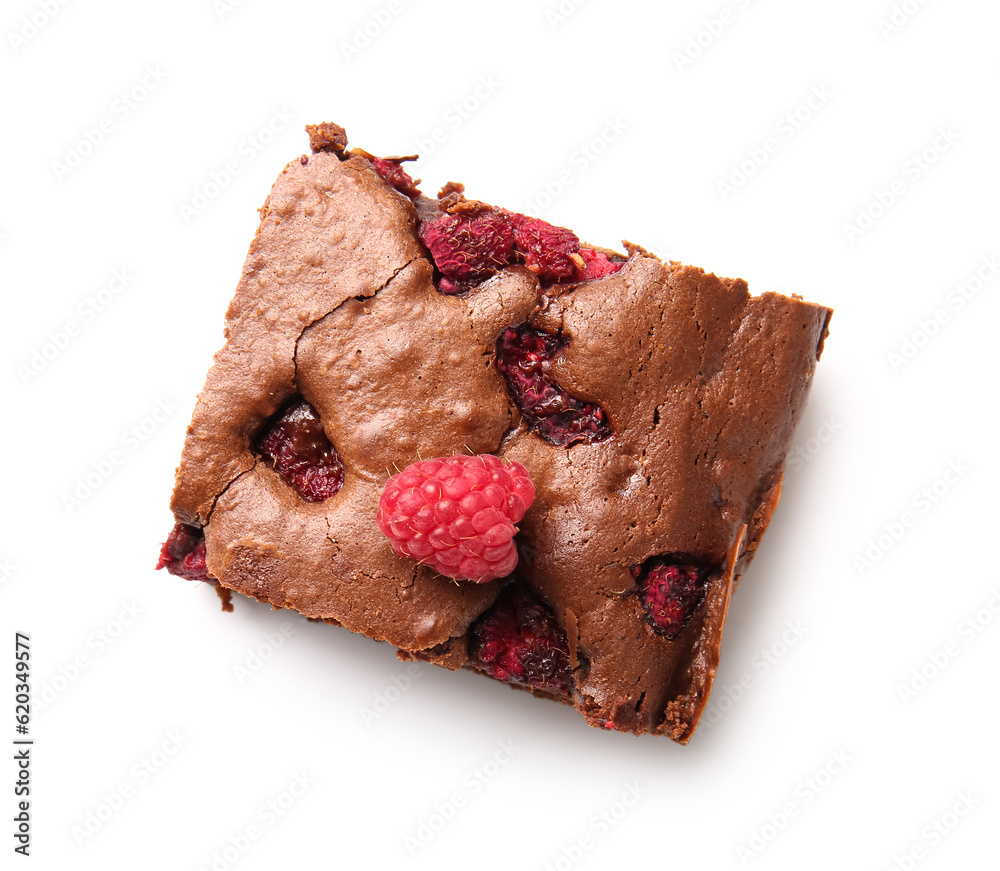 Piece of raspberry chocolate brownie on white background