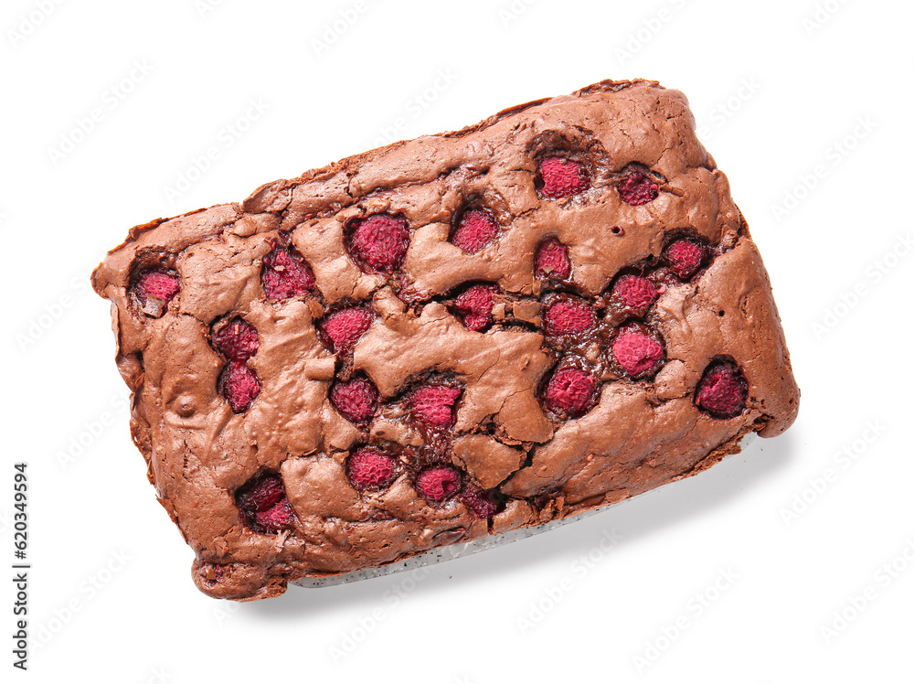 Raspberry chocolate brownie on white background