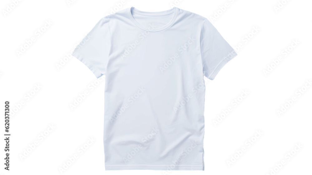 A blue background highlights a white T-shirt made of cotton fabric. This clean and basic T-shirt can