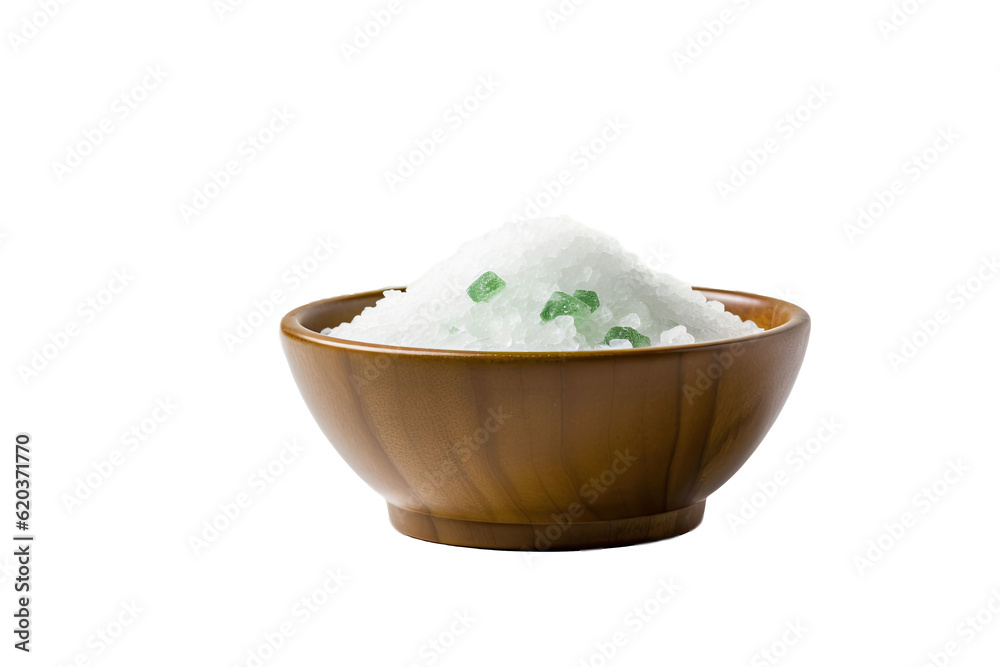 A focus on salt on a green bowl set apart from the surrounding on a transparent background.