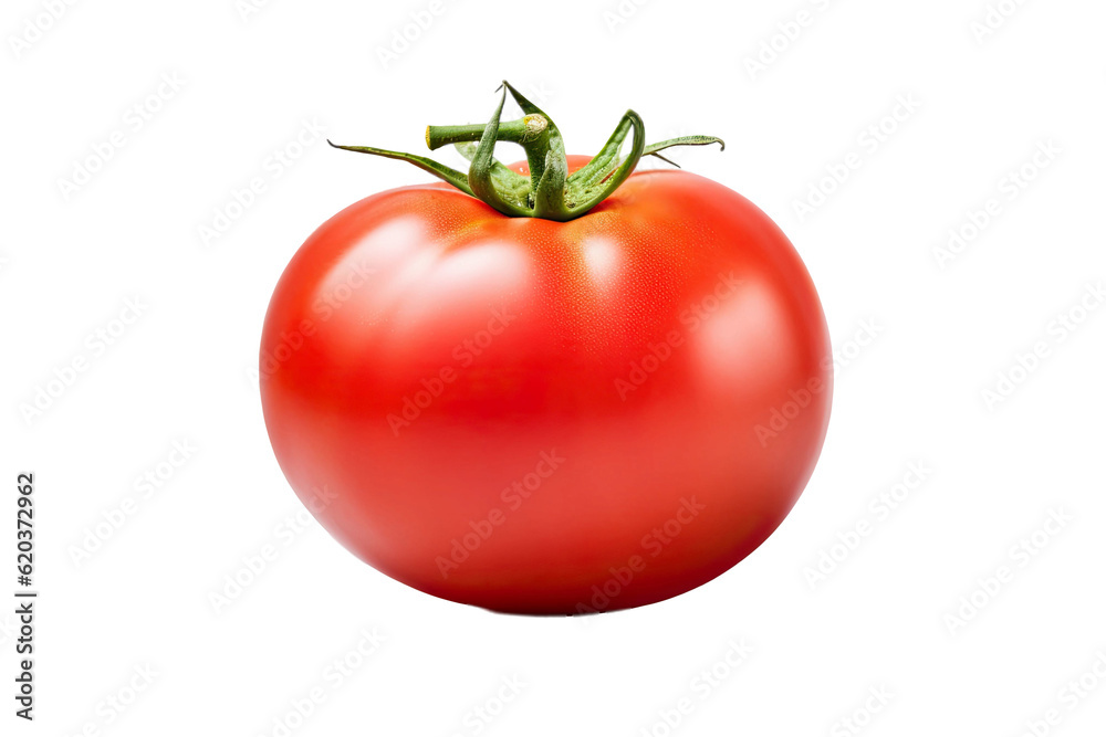 A single tomato is pictured on a transparent background. The tomato is fresh, red in color, and ther