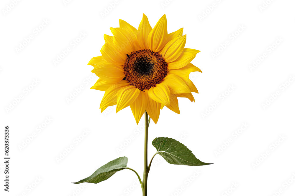 A sunflower bloom is alone on a plain transparent background.