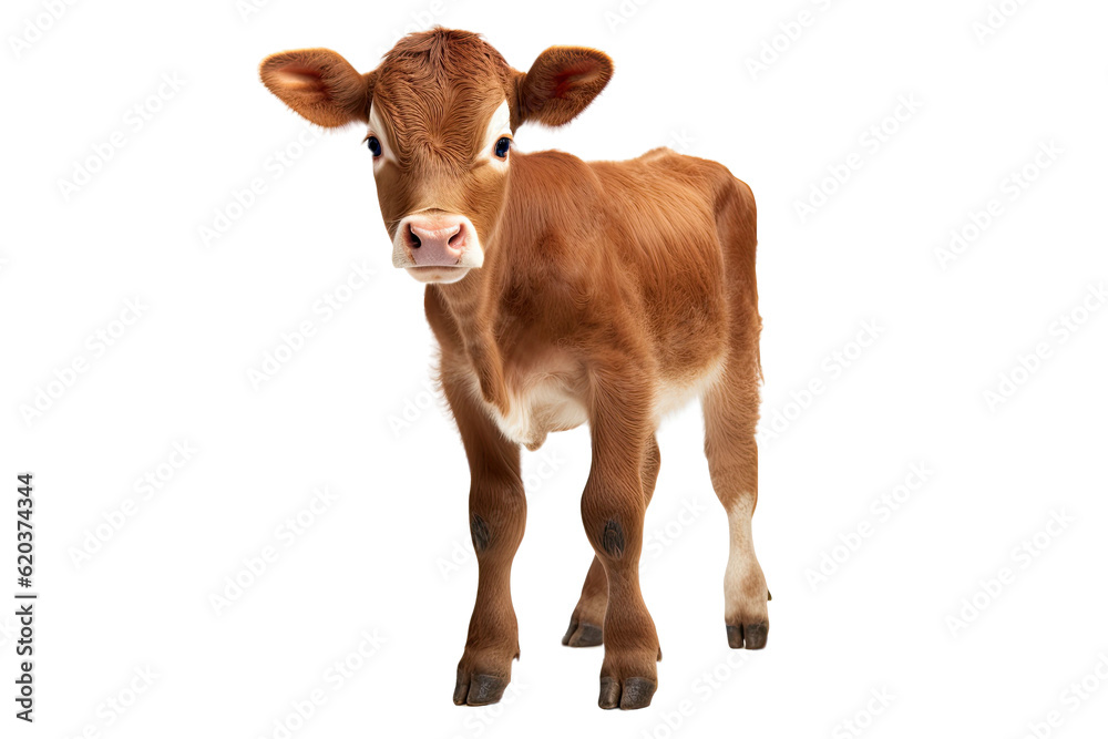 A young calf with a brown chestnut color is facing the camera. It is positioned against a transparen