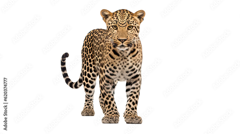 Image of a leopard standing and gazing directly at the camera, Panthera pardus, set against a plain 