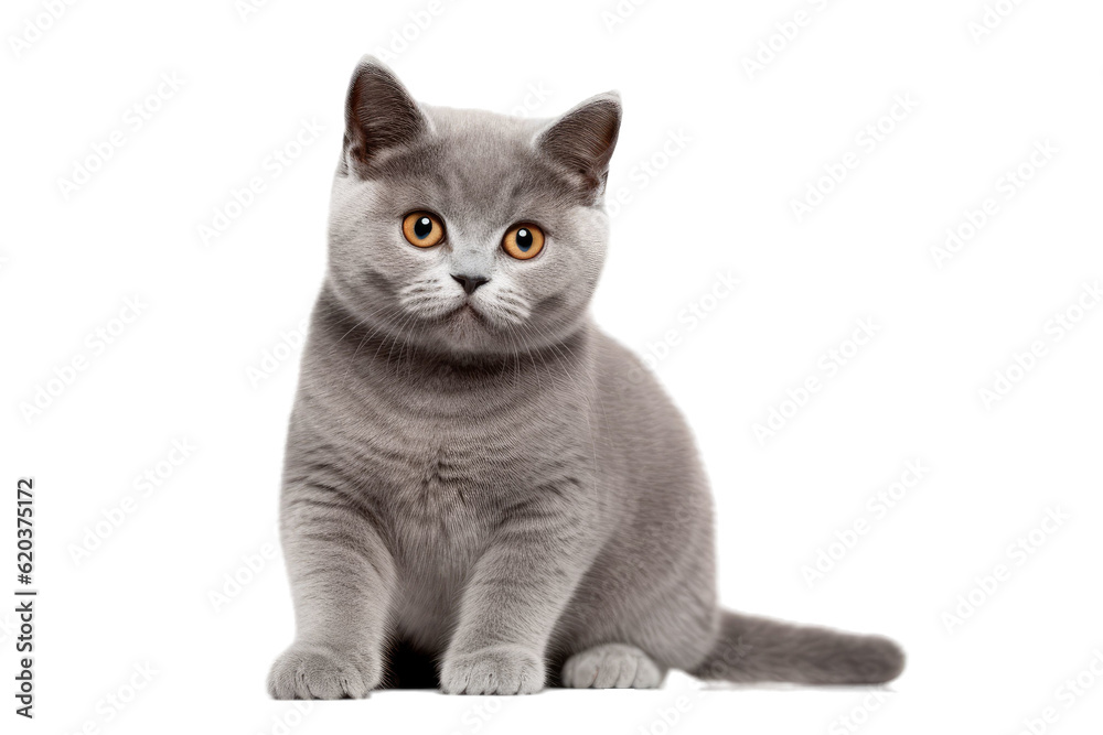 Adorable gray kitten of the British Shorthair breed, seated and looking towards the camera with a st