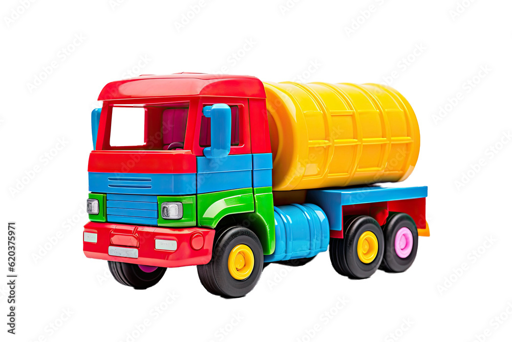 A toy truck with bright colors, separated from the surroundings by a transparent background.