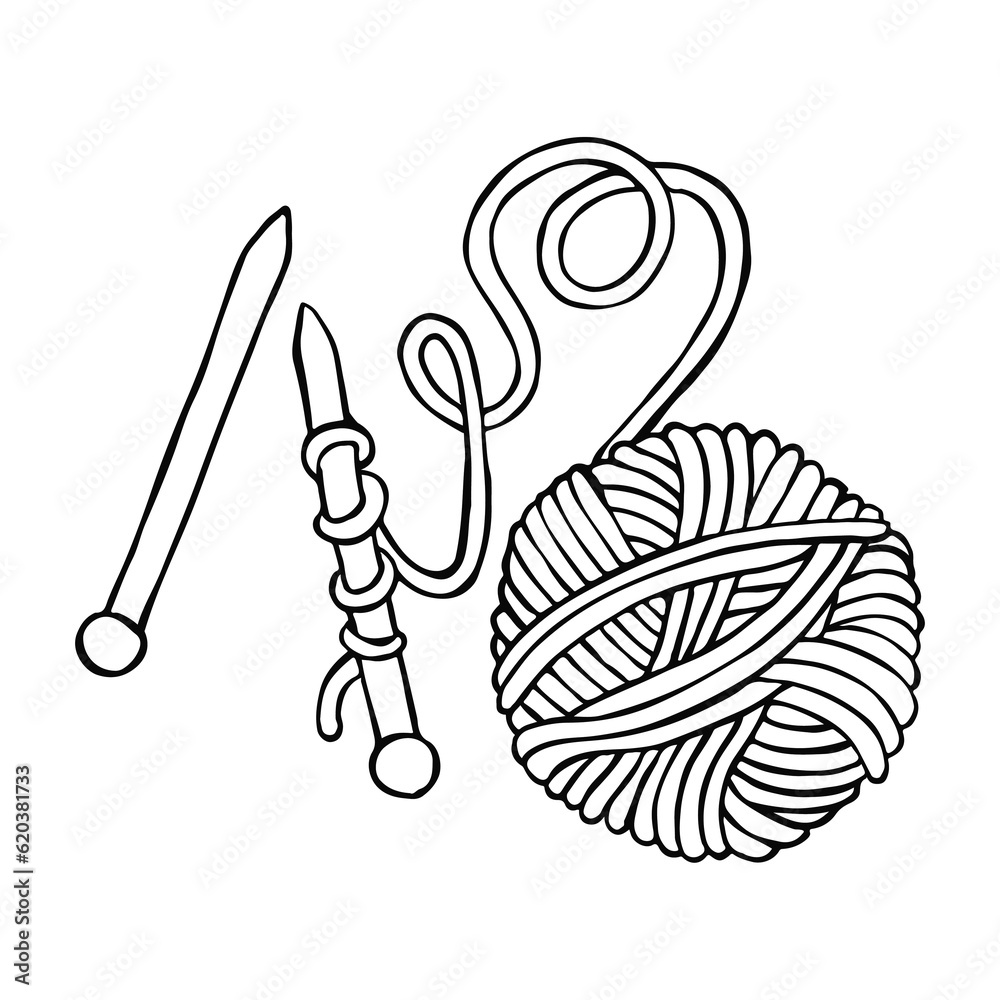 drawing in doodle style. a ball of wool and knitting needles. knitting, crochet, hobby