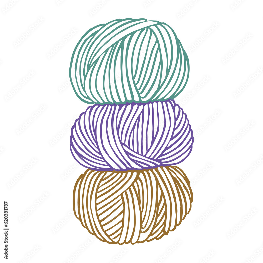 linear drawing on the theme of knitting. stack of colored balls of wool. cute print on the theme of 